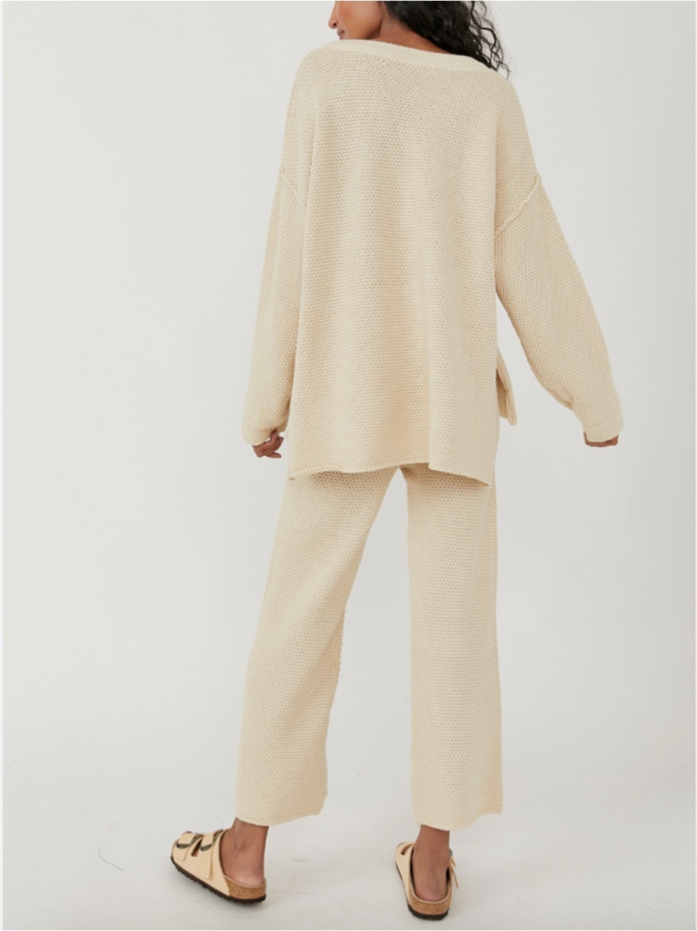 Free People Hailee Knit Cream Tan Waffle Knit Henley Sweater Set M - Picture 7 of 16